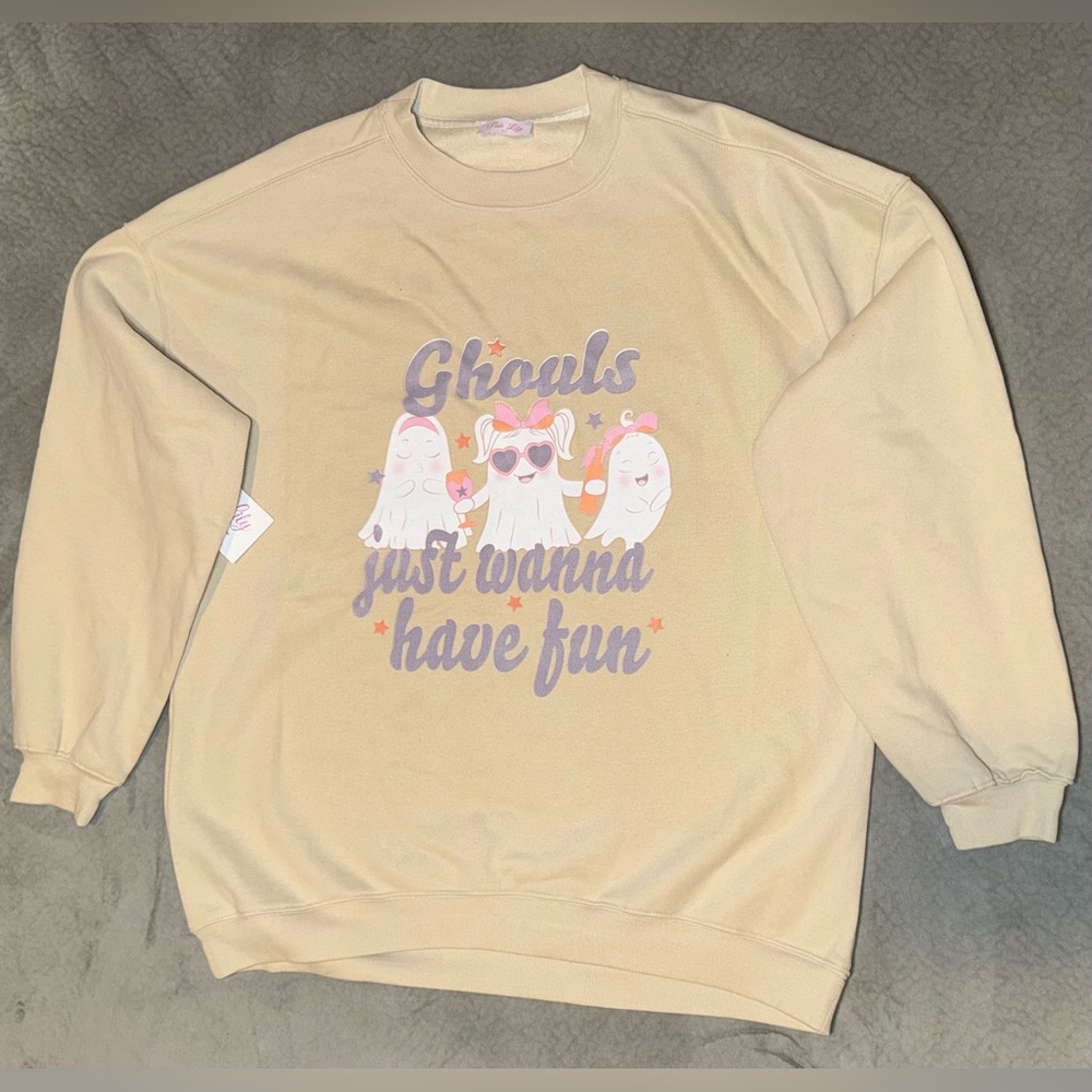 ✨🆕 Pink Lily Small Oversized Ivory “Ghouls Just Wanna Have Fun” Sweatshirt